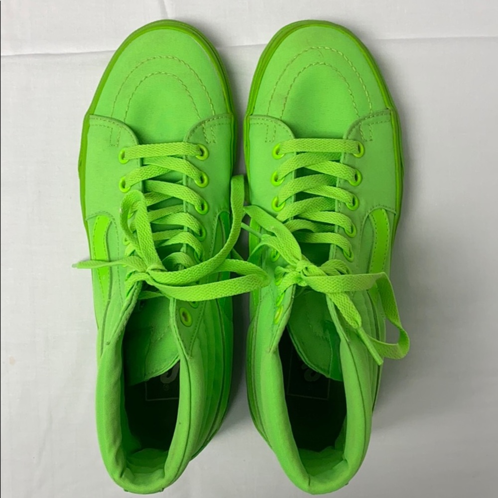 Neon green high top Vans, bright lime green